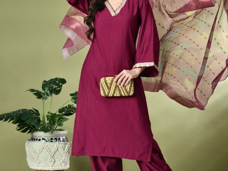 Myshka Women s Embroidered V-Neck Bell Sleeves Kurta & Salwar With Printed Dupatta Sets in Magenta Color Online Sale