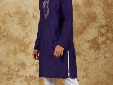 Bluesaanchi Men s Handloom Embroidered Space Blue Kurta Set For Cheap