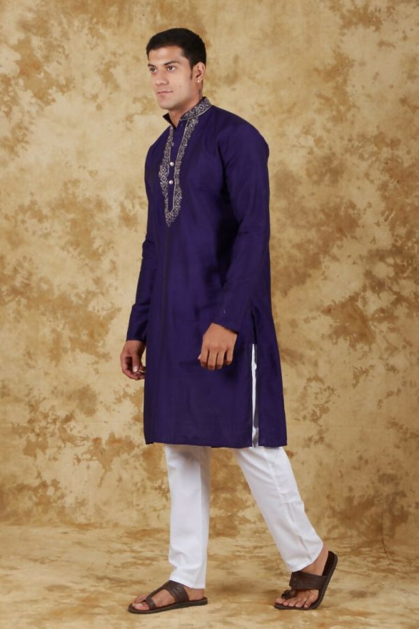 Bluesaanchi Men s Handloom Embroidered Space Blue Kurta Set For Cheap