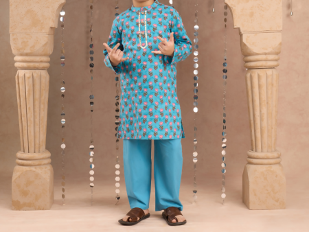 Lil Drama Jaipur Print Stylish Cotton Kurta with Pyjama Set for Boys - Blue Online now