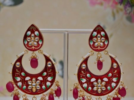 Red Gold Plated Brass & Pearl Dangle Women Earrings| Hand Painted Meenakari Chandbali Traditional Ethnic Wear Earrings By House of Ree Supply