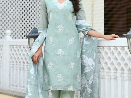 Vaasva Women Green Kota Doria Embroidered Solid Kurta Set With Solid Pants & Printed Dupatta Fashion