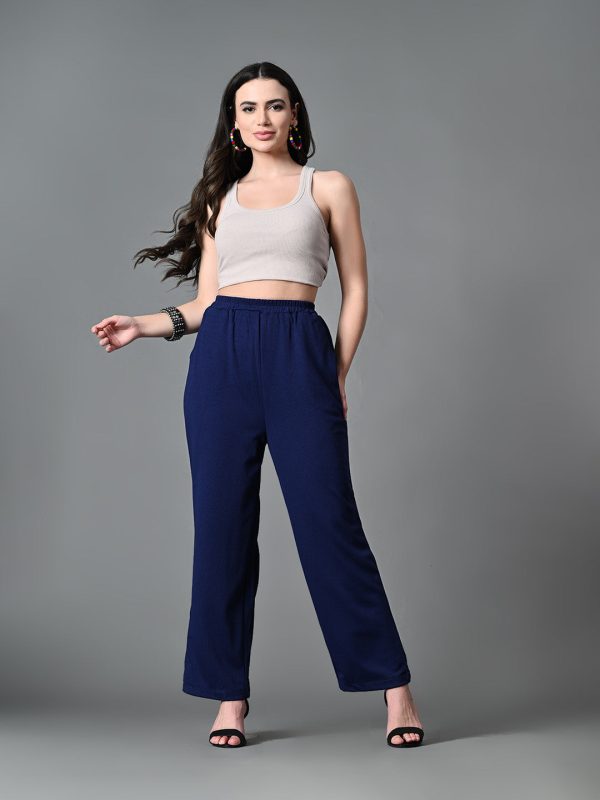 Myshka Women s Solid Ribbed High-Rise Wide Leg Casual Trousers in Navy Blue Color Discount