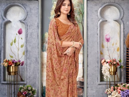 NOZ2TOZ Women Casual Wear Printed Weight Less Saree with Unstitched Blouse - Brown Online now