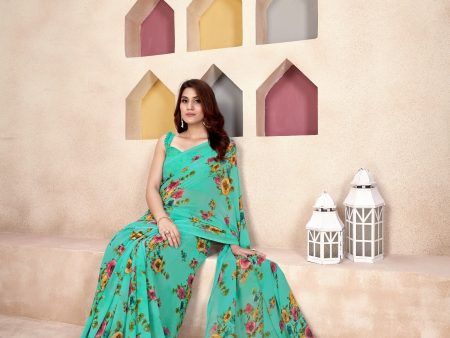 NOZ2TOZ Women Casual Wear Printed Weight Less Saree with Unstitched Blouse - Green on Sale