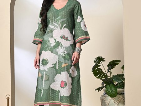 Myshka Women s Hakoba Printed A-Line Kurta in Green Color Discount