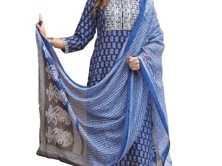 NOZ2TOZ Women Dark Blue Floral Print, Embroidered Viscose Rayon Kurta, Pant And Dupatta Set Online now