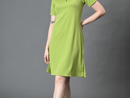 Myshka Women s Collared Neck Short Sleeves Ribbed A-Line Dress in Green Color on Sale