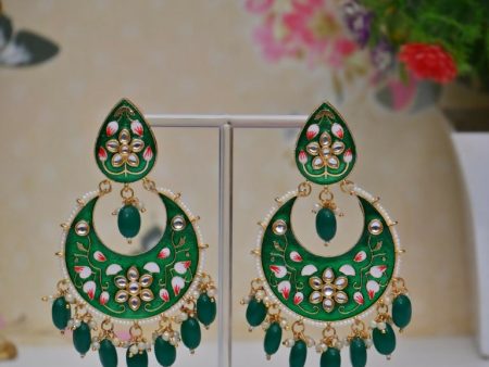 Green Gold Plated Brass & Pearl Dangle Women Earrings| Hand Painted Meenakari Chandbali Traditional Ethnic Wear Earrings By House of Ree Online now