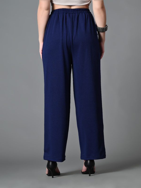 Myshka Women s Solid Ribbed High-Rise Wide Leg Casual Trousers in Navy Blue Color Discount