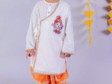 Lil Drama Janmashtami White Boys Cotton Kurta and Orange Dhoti Ethnic Set For Cheap