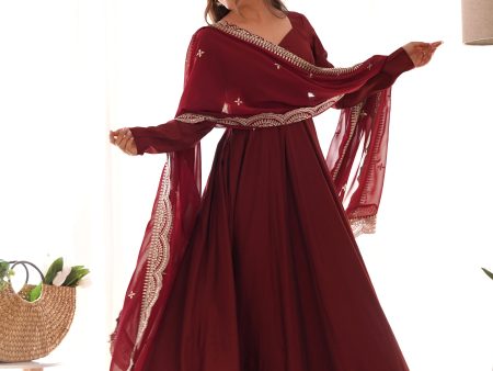 Lorenvalley Fashion Maroon Pure Roman Silk Chanderi Fabric Fully Flared Anarkali Pant With Dupatta Set - Maroon Online Hot Sale