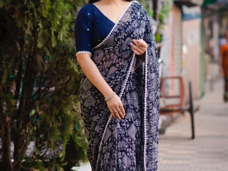 Blue Poly Georgette Ethnic Motifs Saree with Unstitched Blouse - A2M Fashion