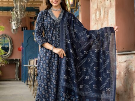 Indian Fashion Women Navy Blue Embroidery Viscose Rayon Kurta, Pant And Dupatta Set Fashion