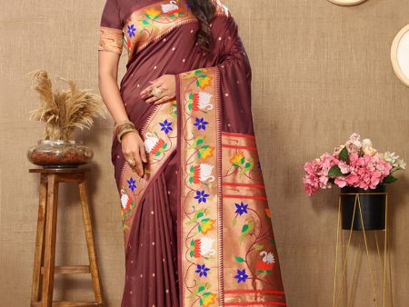 Lorenvalley Fashion Brown Soft Paithani Silk Woven Design Rich Zari Meenakari Weaving Saree For Cheap