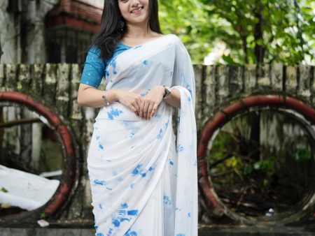 Blue Poly Georgette Tie And Dye Saree with Unstitched Blouse - A2M Online