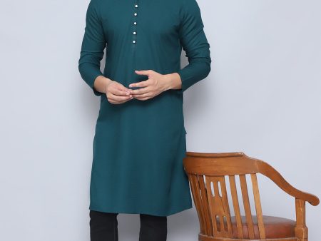 Even Apparels Men s Loop Button Green Kurta For Sale