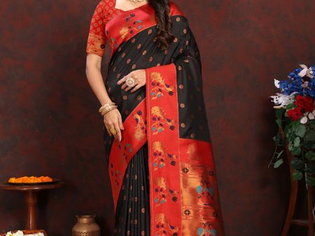 Lorenvalley Fashion Black Soft Paithani Silk Woven Design Rich Zari Meenakari Weaving Saree Fashion