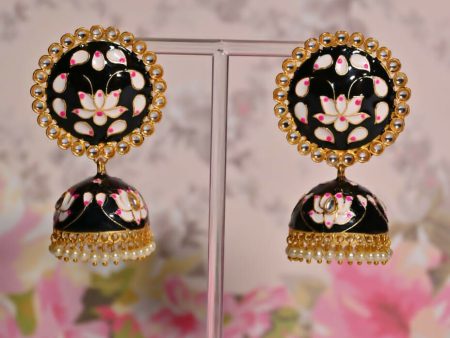 Black Round Shape Ethnic Meenakari Jhumki Earrings By House of Ree Online Sale