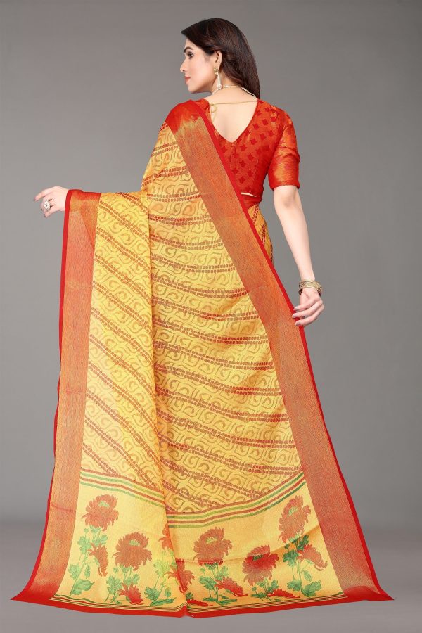 NOZ2TOZ Women Party Wear Printed Brasso Chiffon Saree with Unstitched Blouse - Beige Online