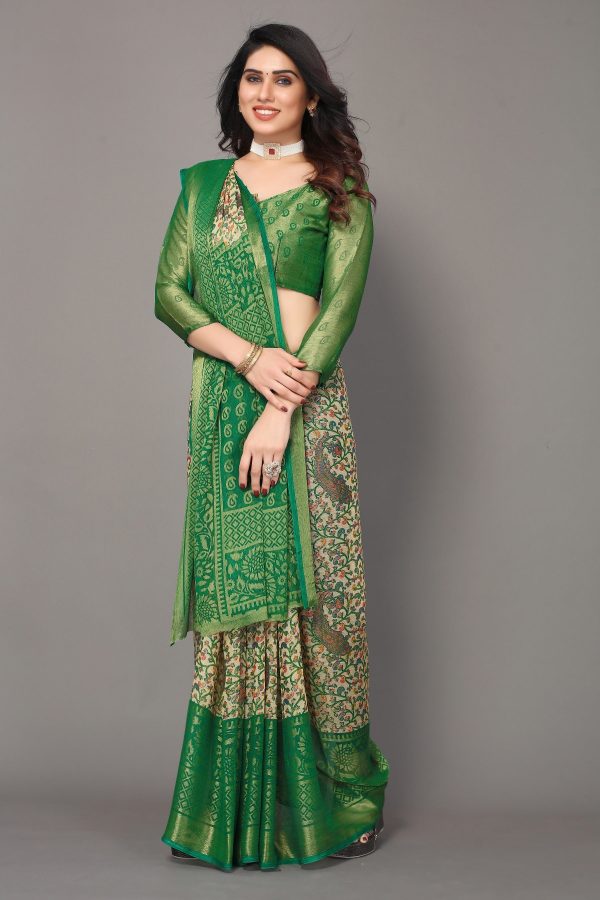 NOZ2TOZ Women Party Wear Printed Brasso Chiffon Saree with Unstitched Blouse - Green Online Hot Sale