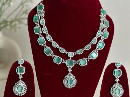 Mint Green American Diamond Two Layer Elegent Necklace Set With Earrings By House of Ree on Sale