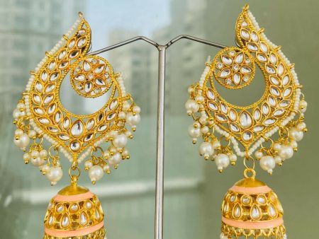 Beige Gold Plated Peacock Design Brass Kundan Stone Handcrafted Jhumka Latkan Earrings For Women And Girls By House of Ree Supply