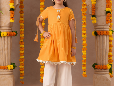 Lil Drama Janmashtami Girls Orange Cotton Kurta and White Pyjama Ethnic Set on Sale