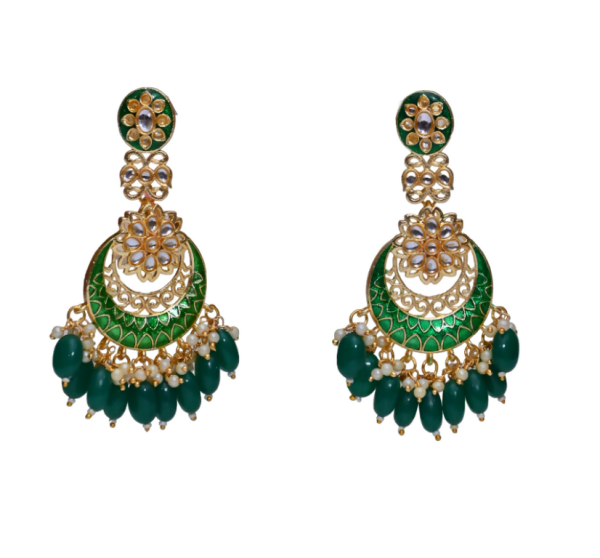 Green Gold Plated Beautifully Enamelled Stylish Kundan & Pearl Dangle Women Earrings|Meenakari Chandbali Traditional Ethnic Wear Earrings By House of Ree For Discount