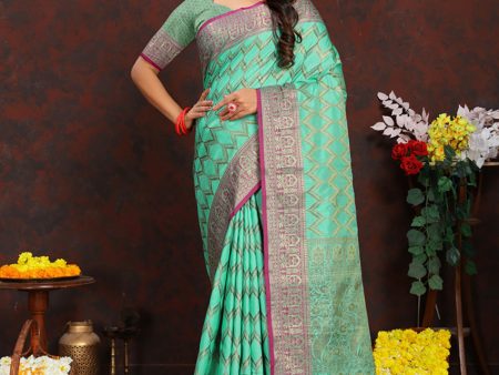 Lorenvalley Fashion Seagreen Soft Katan Silk Woven Design Rich Zari Weaving Pallu Saree Online Hot Sale