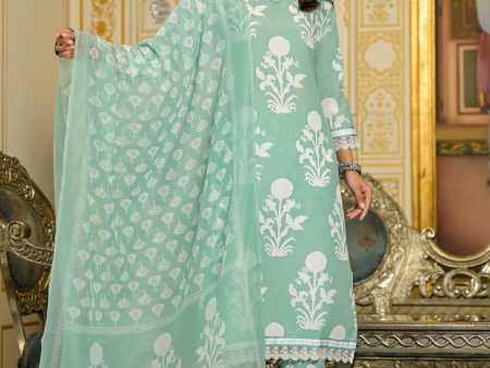 Indian Fashion Women Green Embroidery Viscose Rayon Kurta, Pant And Dupatta Set Discount