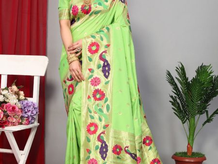 NOZ2TOZ Women Wedding Wear Zari Weaving Paithani Silk Saree with Unstitched Blouse - Light Parrot Green Fashion