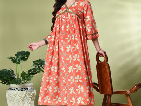 Myshka Women s Chinon Printed Alia-cut Kurta in Orange Color Sale