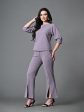 Myshka Lavender Solid Boat Neck Casual Top With Trousers Co-ord set Fashion