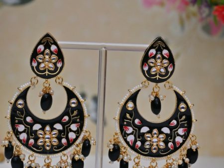 Black Gold Plated Brass & Pearl Dangle Women Earrings| Hand Painted Meenakari Chandbali Traditional Ethnic Wear Earrings By House of Ree Hot on Sale