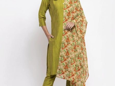 Women Green Self-Striped Kurta With Trousers & Floral Georgette Dupatta - Rasiya Online Sale