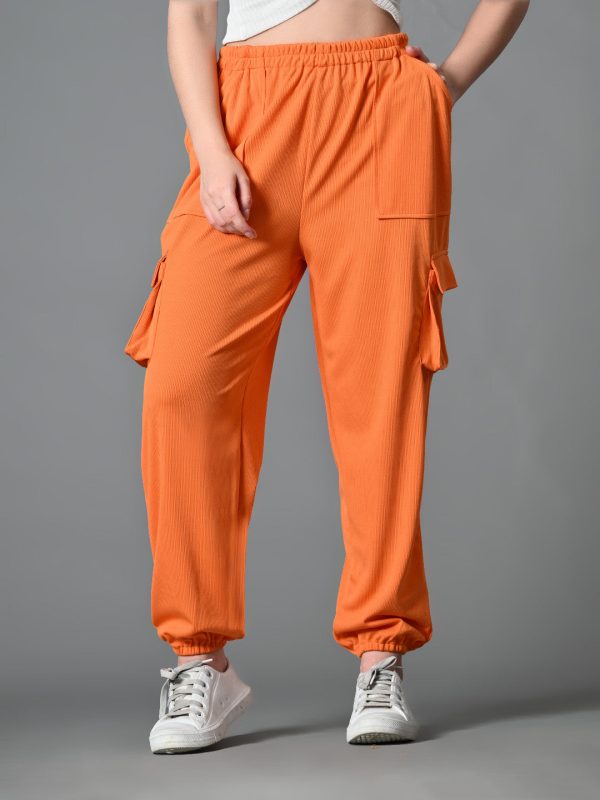 Myshka Women s Solid Ribbed High-Rise Cargo Style Casual Trousers in Orange Color Sale