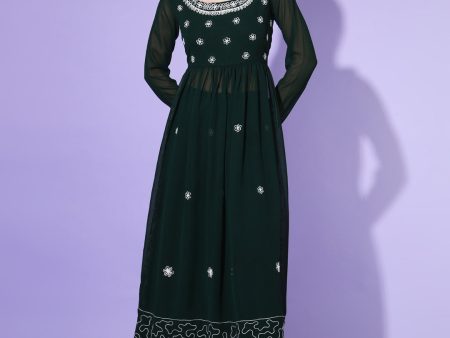 Women Green georgette Aari work A-Line Kurta with Sharara - Rasiya For Sale