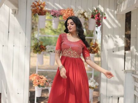 Aastha Fashion Women s Orange Faux Blooming Embroidery Zari Sequins-work Gown For Sale