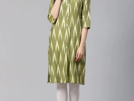 Women Green & Cream-Coloured Ikkat Woven Design Straight Kurta - Rasiya on Sale