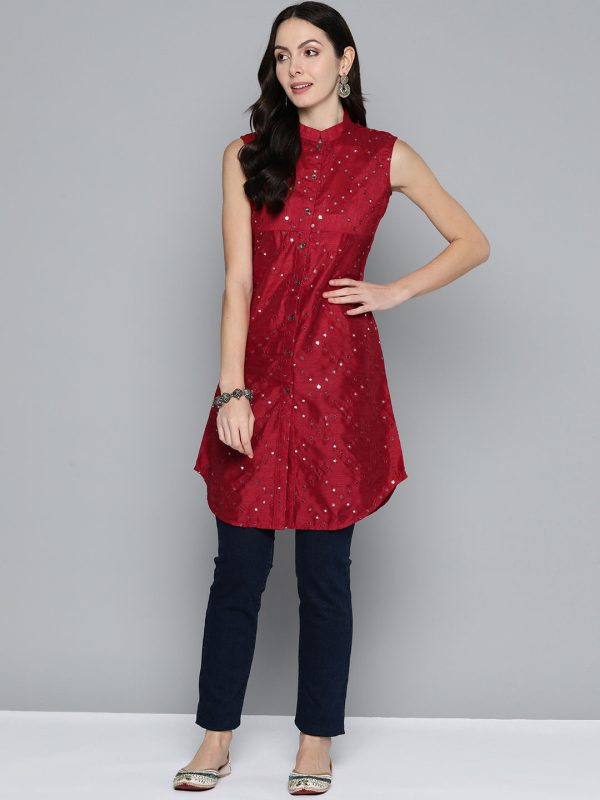 Women Geometric Embroidered Mirror Work Kurta Maroon - Rasiya Online