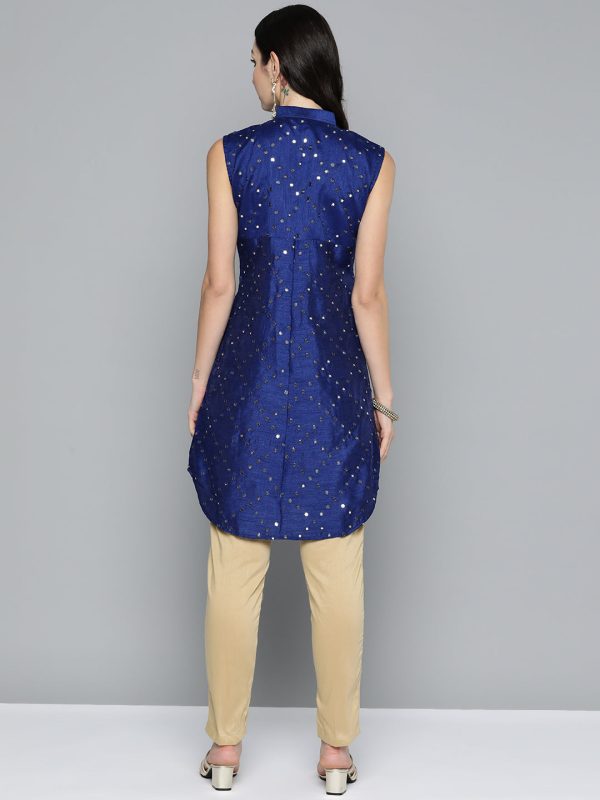 Women Geometric Embroidered Mirror Work Kurta Navy - Rasiya Online Hot Sale