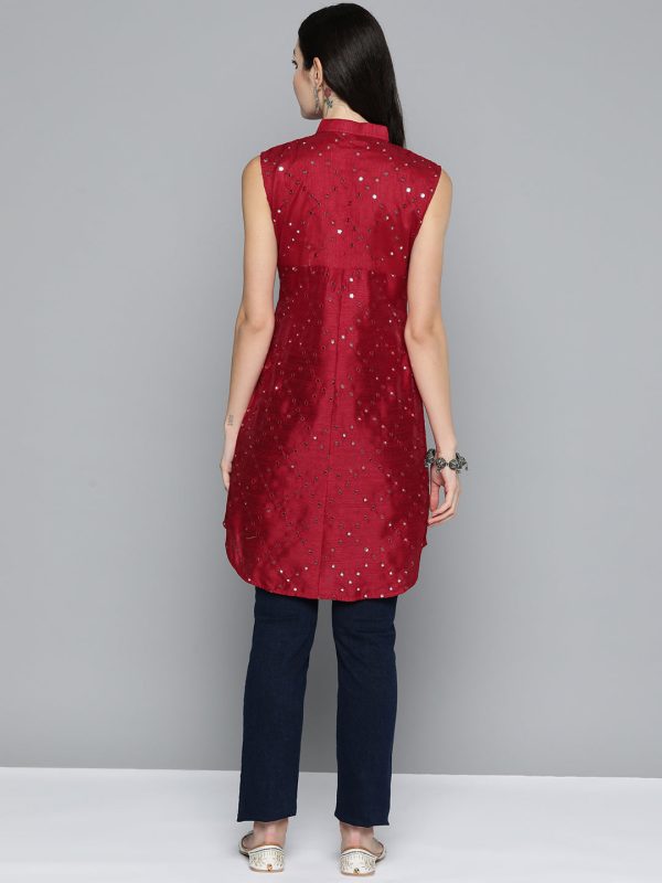 Women Geometric Embroidered Mirror Work Kurta Maroon - Rasiya Online