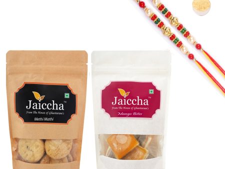 Ghasitaram Jaiccha Mango Bites and Methi Mathi With 2 Pearl Beads Rakhis Online