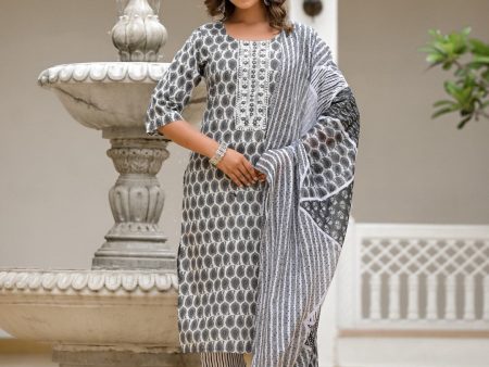 Juniper Women s Grey Ethnic Motif Printed Cotton Kurta, Pant And Dupatta Set With Thread & Mirror Work Online Hot Sale