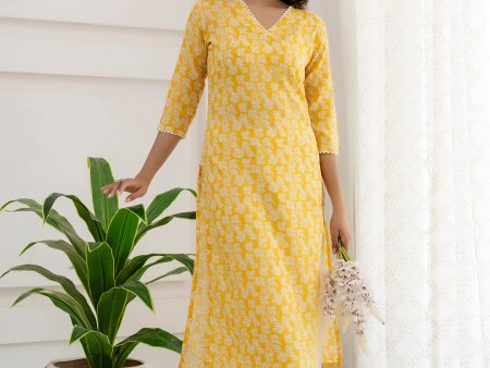 Women Yellow Printed Straight Kurta with Three Quarter Sleeves - Rasiya Discount