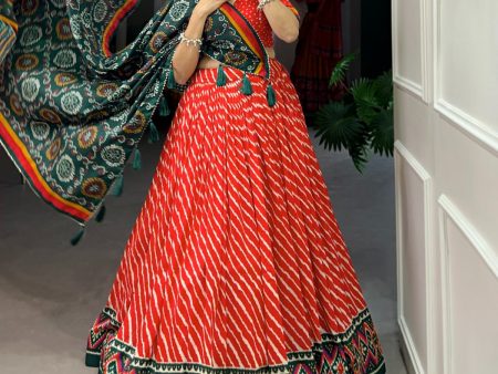 Lorenvalley Red Tussar Silk Lehenga Leheriya Patola Print Border With Choli Bandhej Print With Bandhej Print Gotta Patti Lace Border Dupatta Online Hot Sale