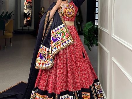 Lorenvalley Red Pure Cotton Lehenga Choli Embellishes With Gamthi Work And Mirror Work Touch Up To Make Everyone Feel The Stories Of Navratri Traditions For Sale