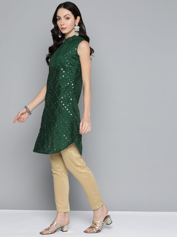 Women Geometric Embroidered Mirror Work Kurta Green - Rasiya Hot on Sale