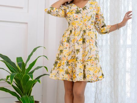 Women Yellow Printed Flared Dress - Rasiya on Sale